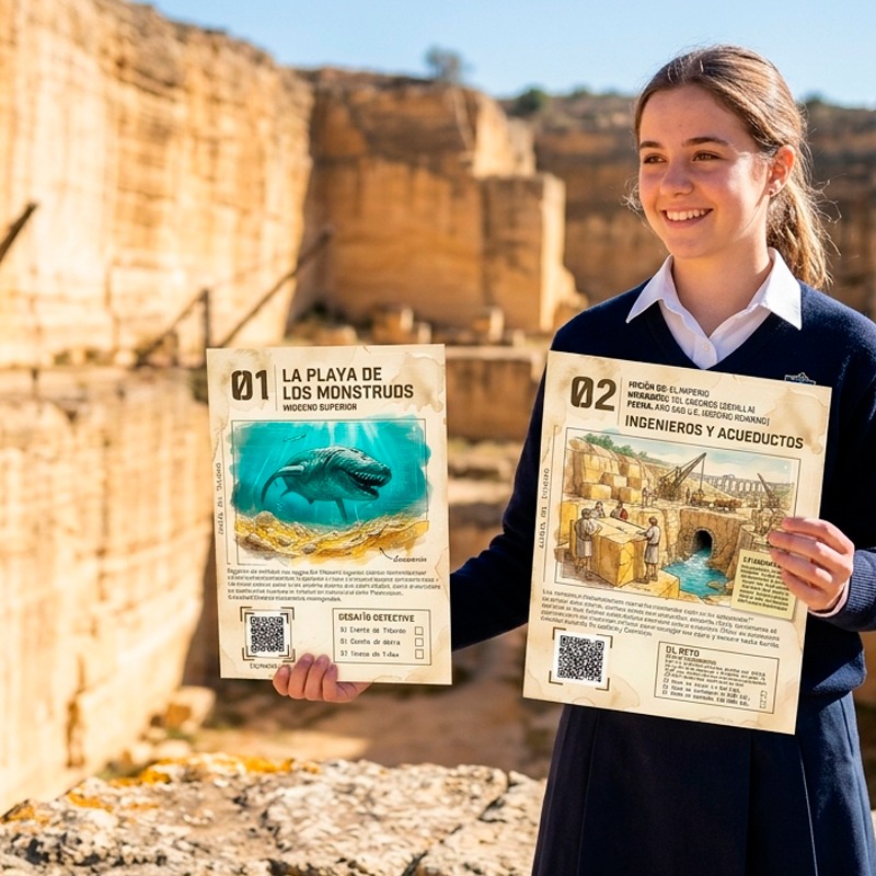 Estudiante con las Cartas del Tiempo frente a la cantera de albero