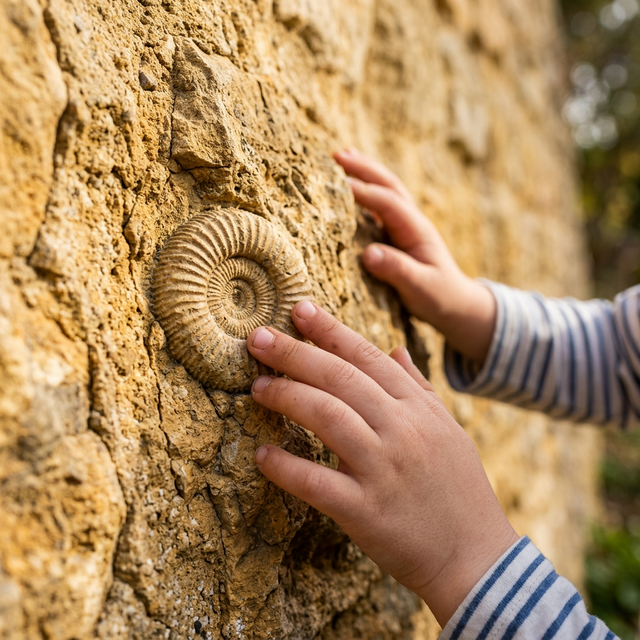 Manos de niño tocando roca de albero con fósil